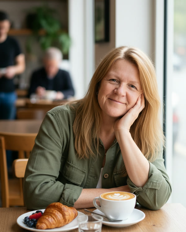 Jan smiling at a café table, chin resting on her hand